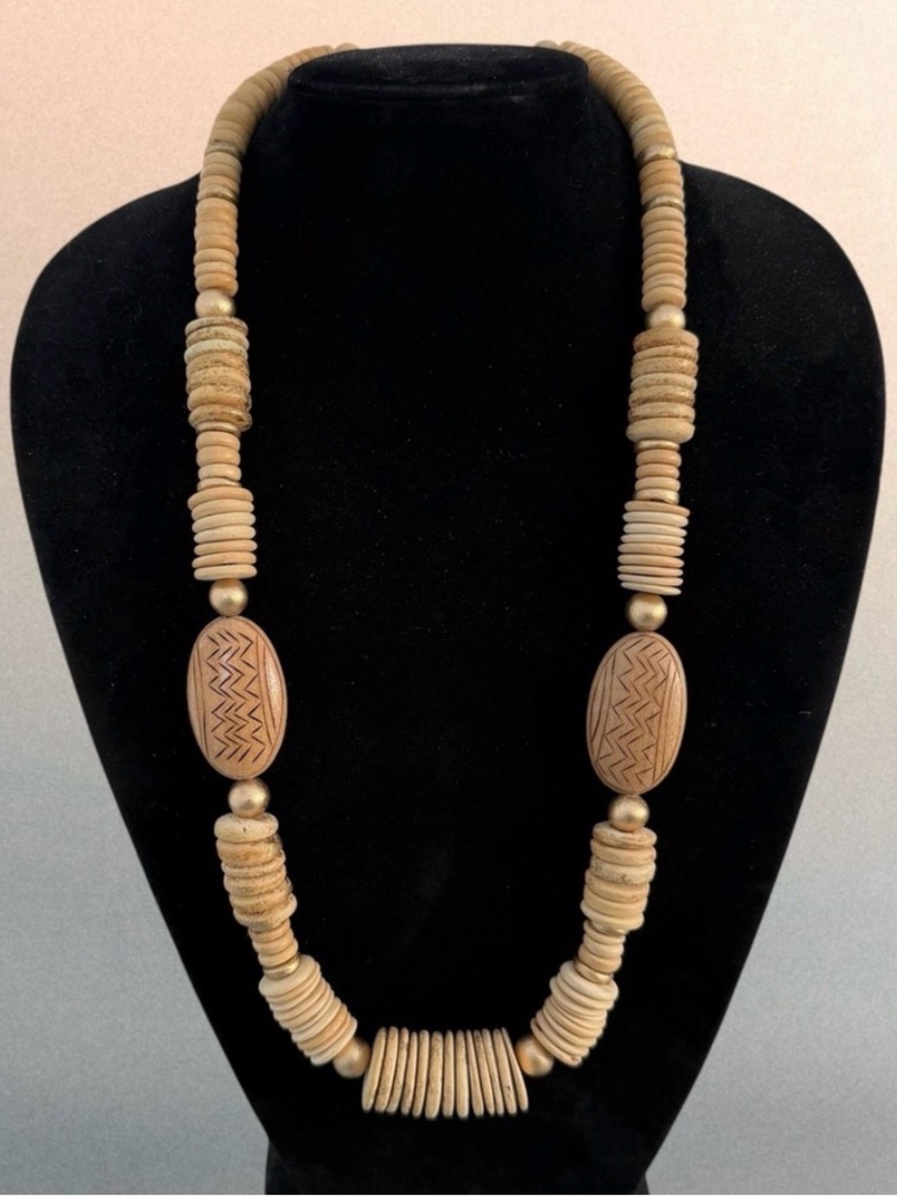 Handmade Carved Wood Tribal Bohemian Chunky Statement Necklace